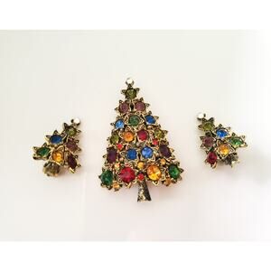 Vintage Pakula Multi Color Rhinestone Christmas Tree Brooch and Earring Set